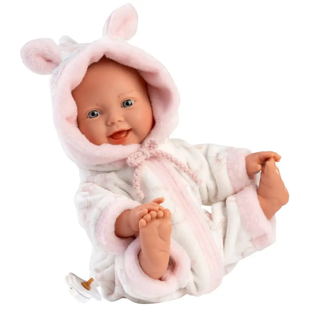 Llorens: Lány csecsemő baba puha gólya mintás pizsamában 31cm