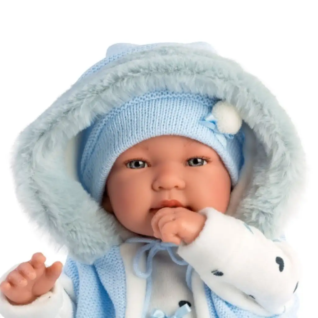 Llorens: Tino 44cm-es síró baba kapucnis kék mellényben kép 4