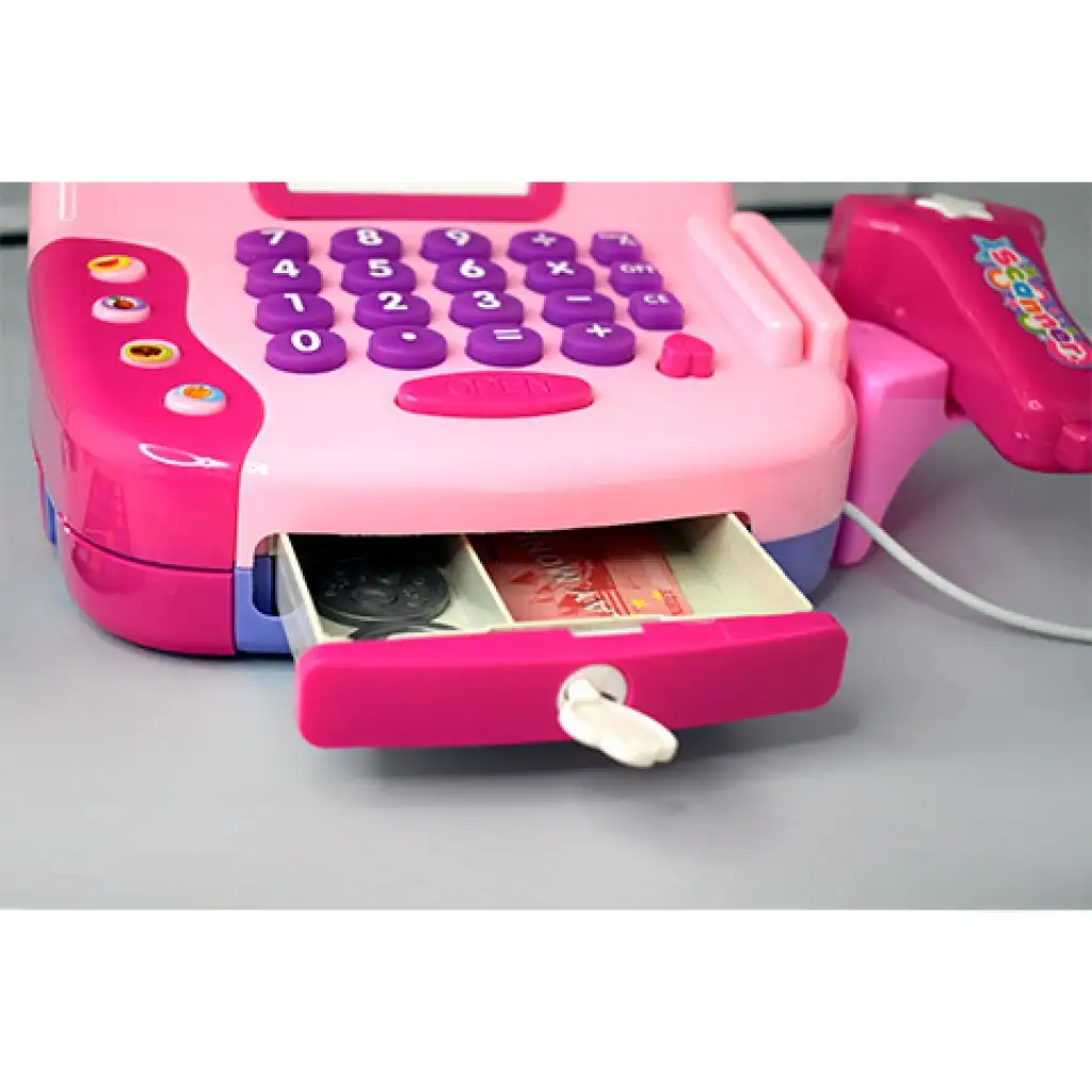 Rózsaszín elektromos pénztárgép mikrofonnal, játékpénzzel és hanggal kép 2