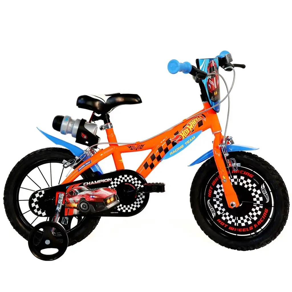Hot Wheels 14” gyerek bicikli kulacstartóval és oldalkerekekkel narancssárga-fekete színben – Dino Bikes kerékpár