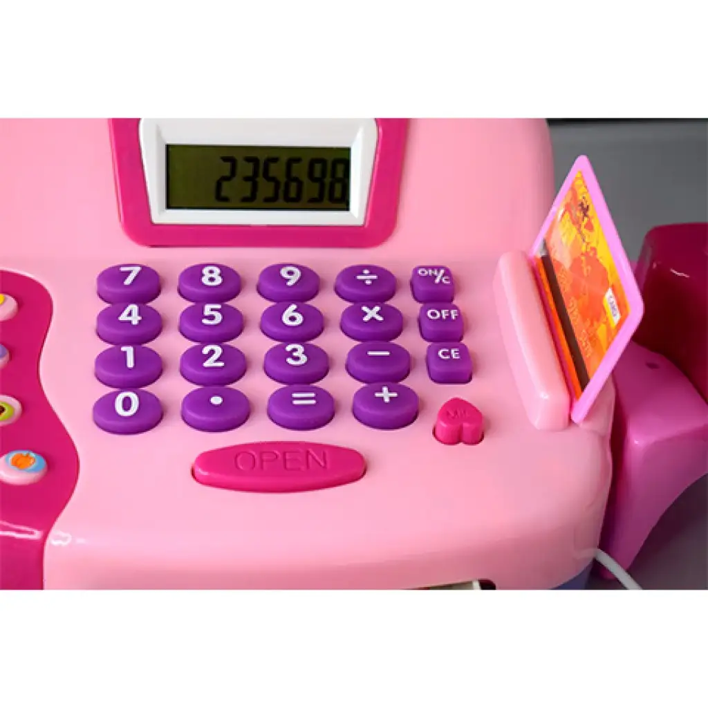 Rózsaszín funkciós elektromos pénztárgép játékpénzzel és hanggal kép 3