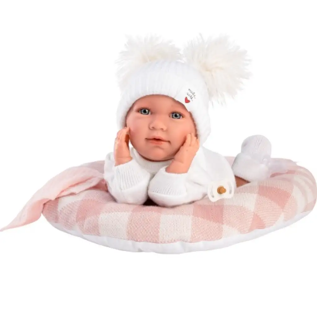 Llorens: Mimi Llorana 42cm-es síró újszülött baba kockás ággyal kép 3