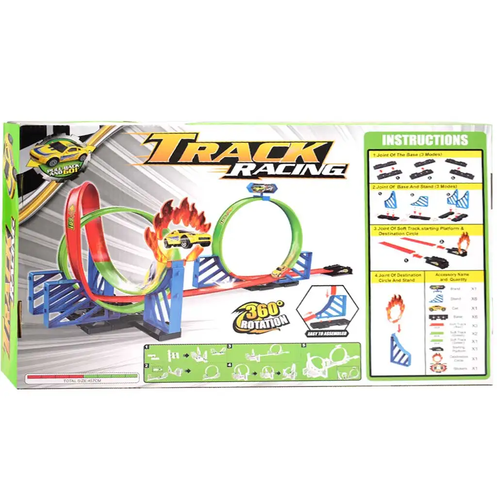 Track Racing: Lángoló versenypálya szett 2db 360 fokos hurokkal és 1db autóval 1/64 kép 2