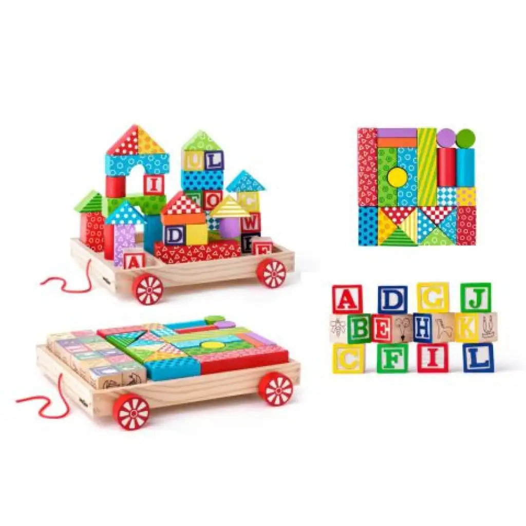 Fa ABC húzós kocsi építőkockákkal és betűkockákkal kép 2