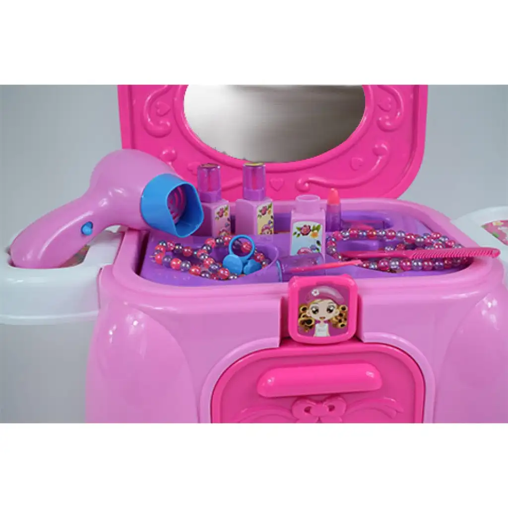 Szépítkező asztal hordozható ülőkében ékszerekkel és szépség kiegészítőkkel kép 5