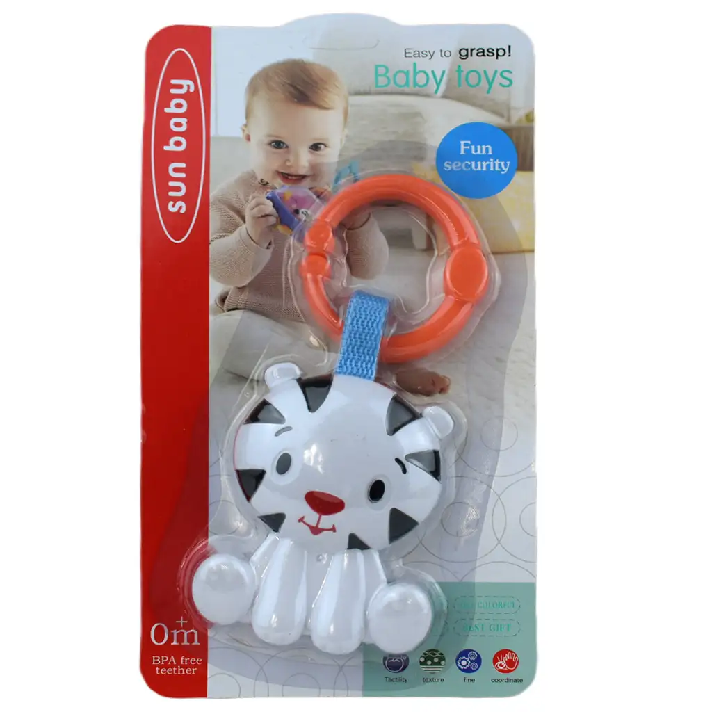 Sun Baby: Vidám fehér tigris BPA mentes bébi csörgő kép 4