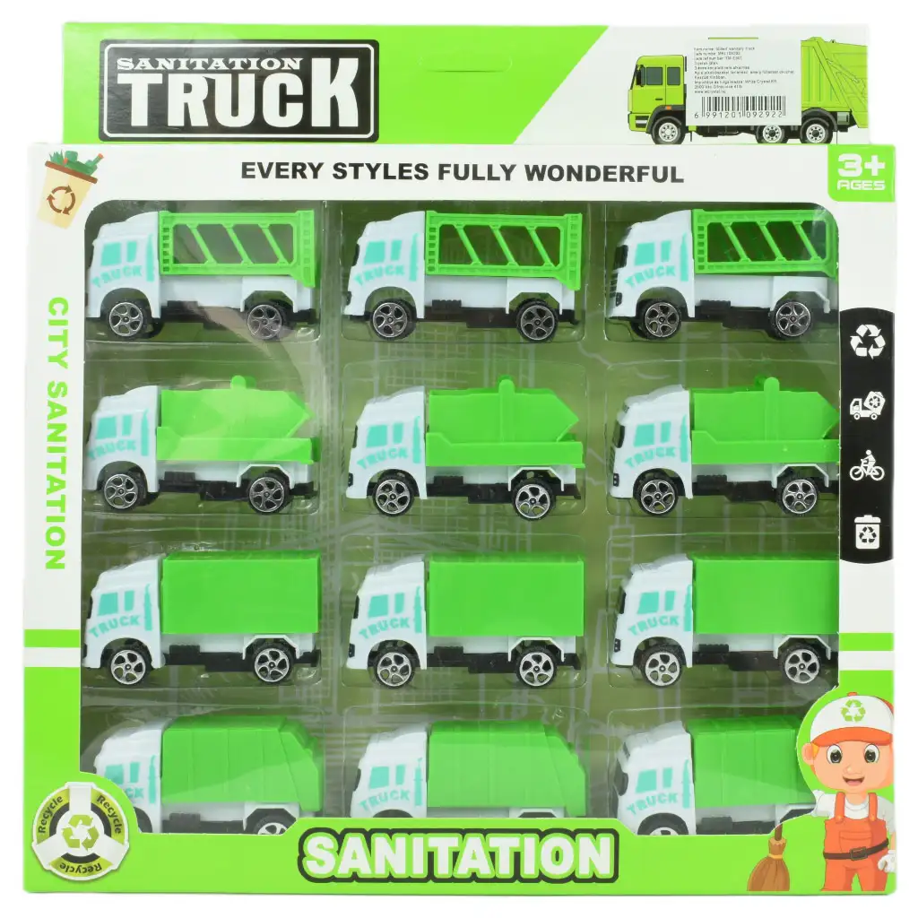 Sanitation Truck: 12 db-os hulladékszállító teherautó szett 1/64 kép 5