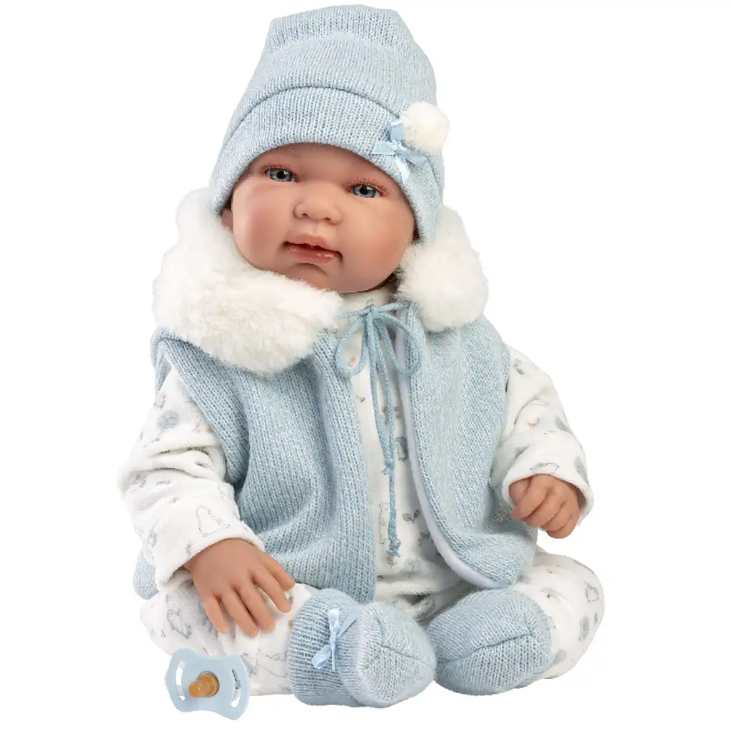 Llorens: Tino 44cm-es újszülött baba cumival kapucnis mellényben kép 3