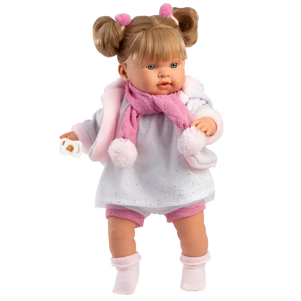Llorens: Alexandra 42cm-es síró baba cumival rózsaszín bojtos sállal