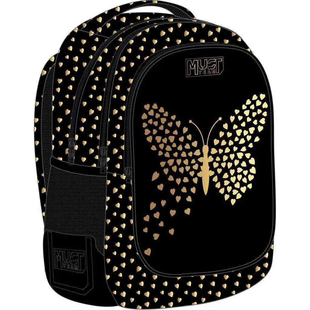 Luna: Must pillangós fekete iskolatáska, hátizsák 3 rekeszes 32x18x43cm