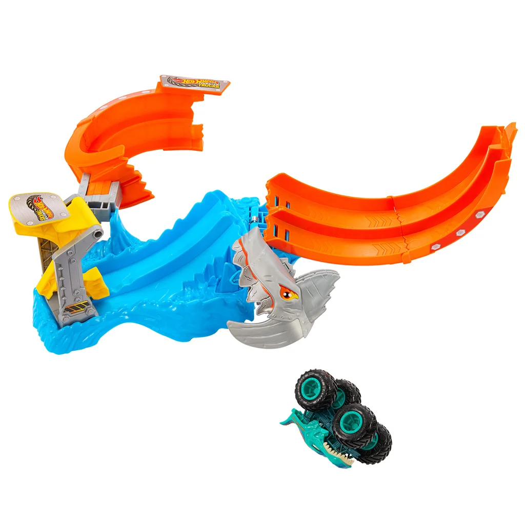 Hot Wheels Monster Trucks: Spiral Shark Smash pályaszett Mega-Wrex kisautóval – Mattel kép 3