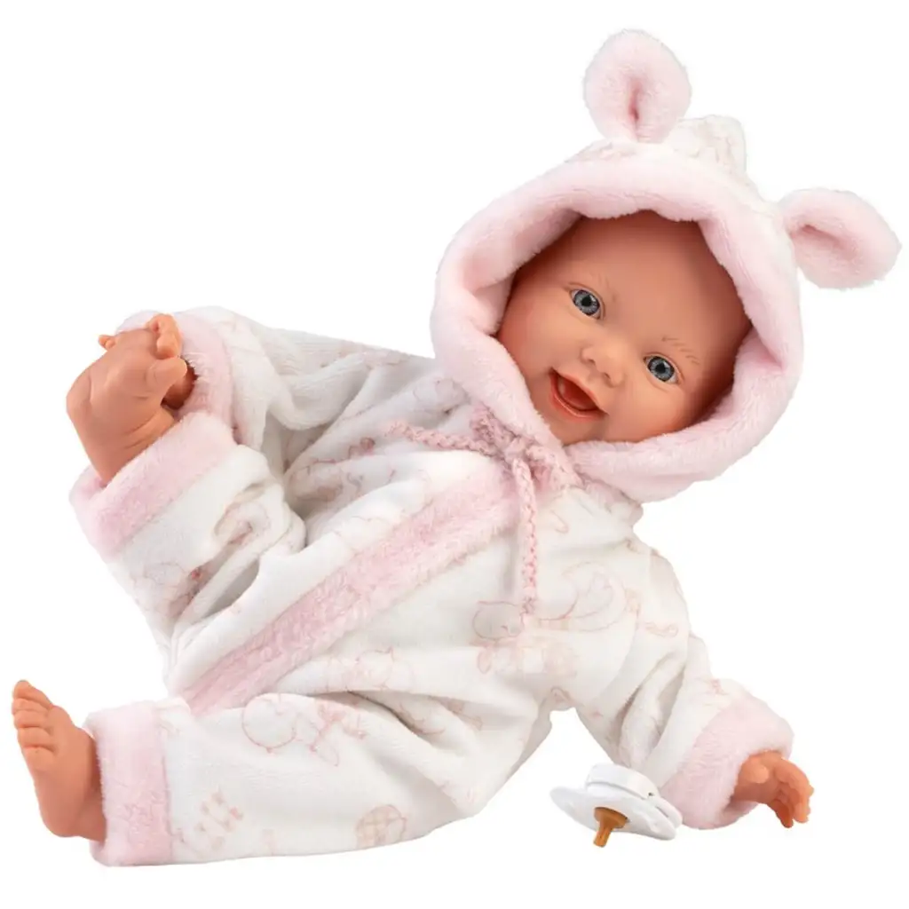 Llorens: Lány csecsemő baba puha gólya mintás pizsamában 31cm kép 2