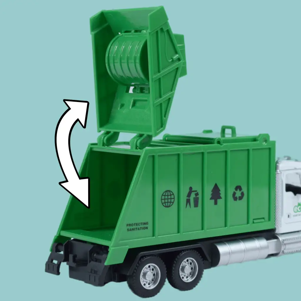 Heavy Duty Truck: Hátrahúzós fém szelektív hulladékgyűjtő teherautó modell nyitható ajtókkal és kukával 1/36 kép 5