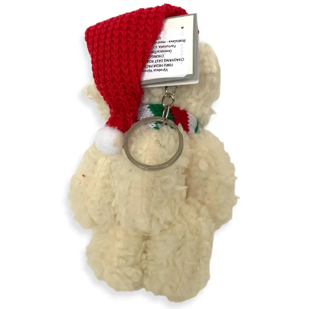 Fehér plüss maci kulcstartó Mikulás sapkában 12cm kép 2