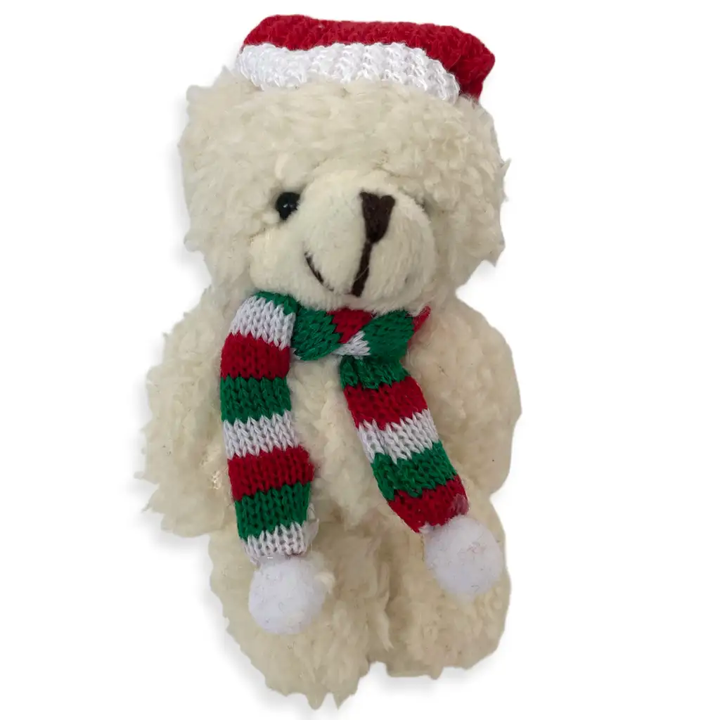 Fehér plüss maci kulcstartó Mikulás sapkában 12cm