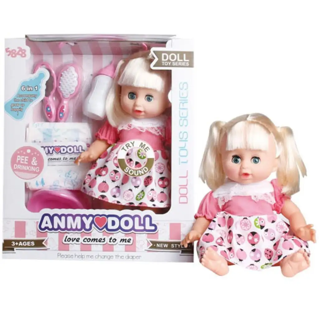 Szőke hajú pisilős baba hanggal, katicás ruhában