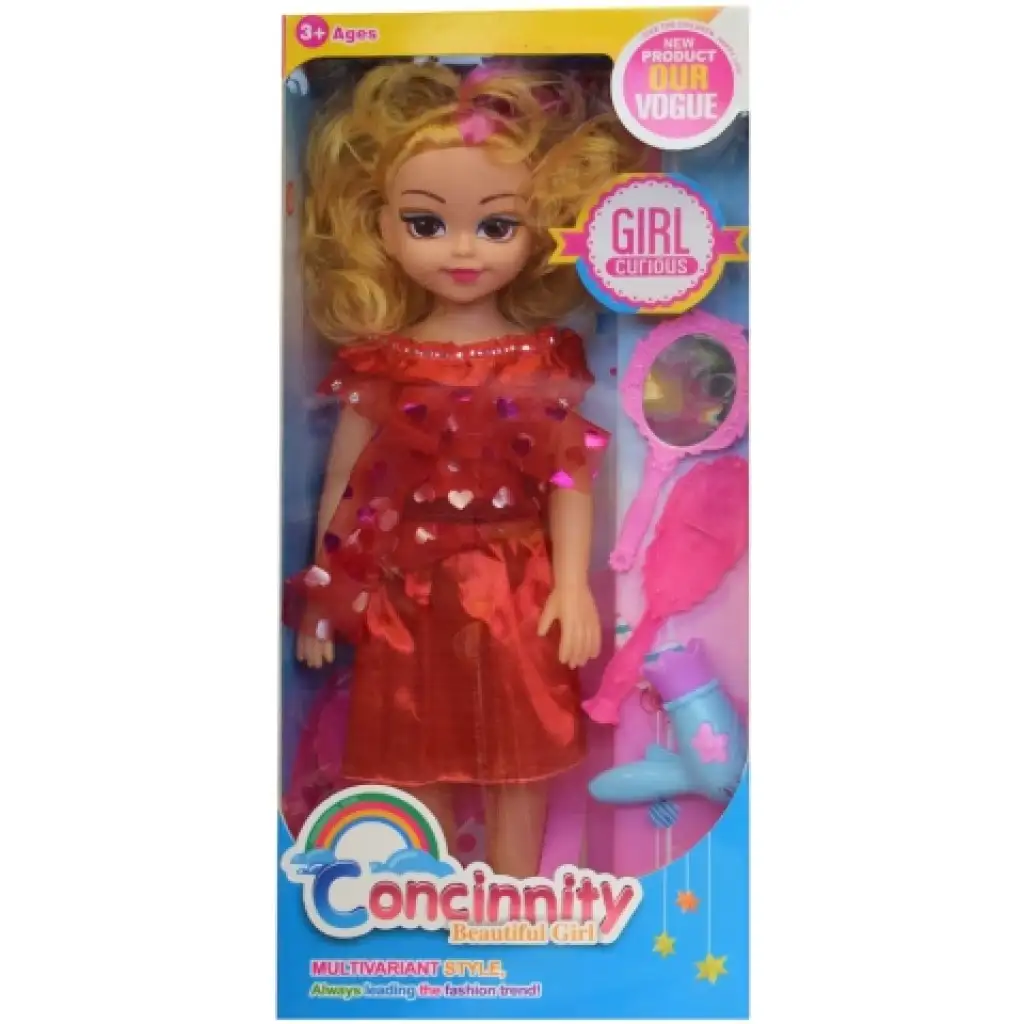 Divatbaba piros vagy kék színű ruhában fésűvel és hang effektekkel 46cm kép 2