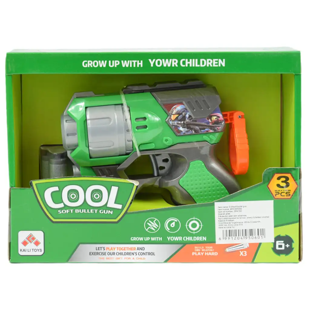 Cool Soft Bullet Gun: Kisméretű szivacslövő fegyver töltényekkel zöld színben 14cm kép 5