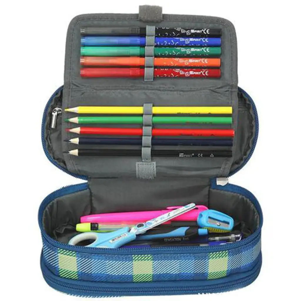 Spirit: Kék-zöld kockás ovális tolltartó 23x10cm kép 3