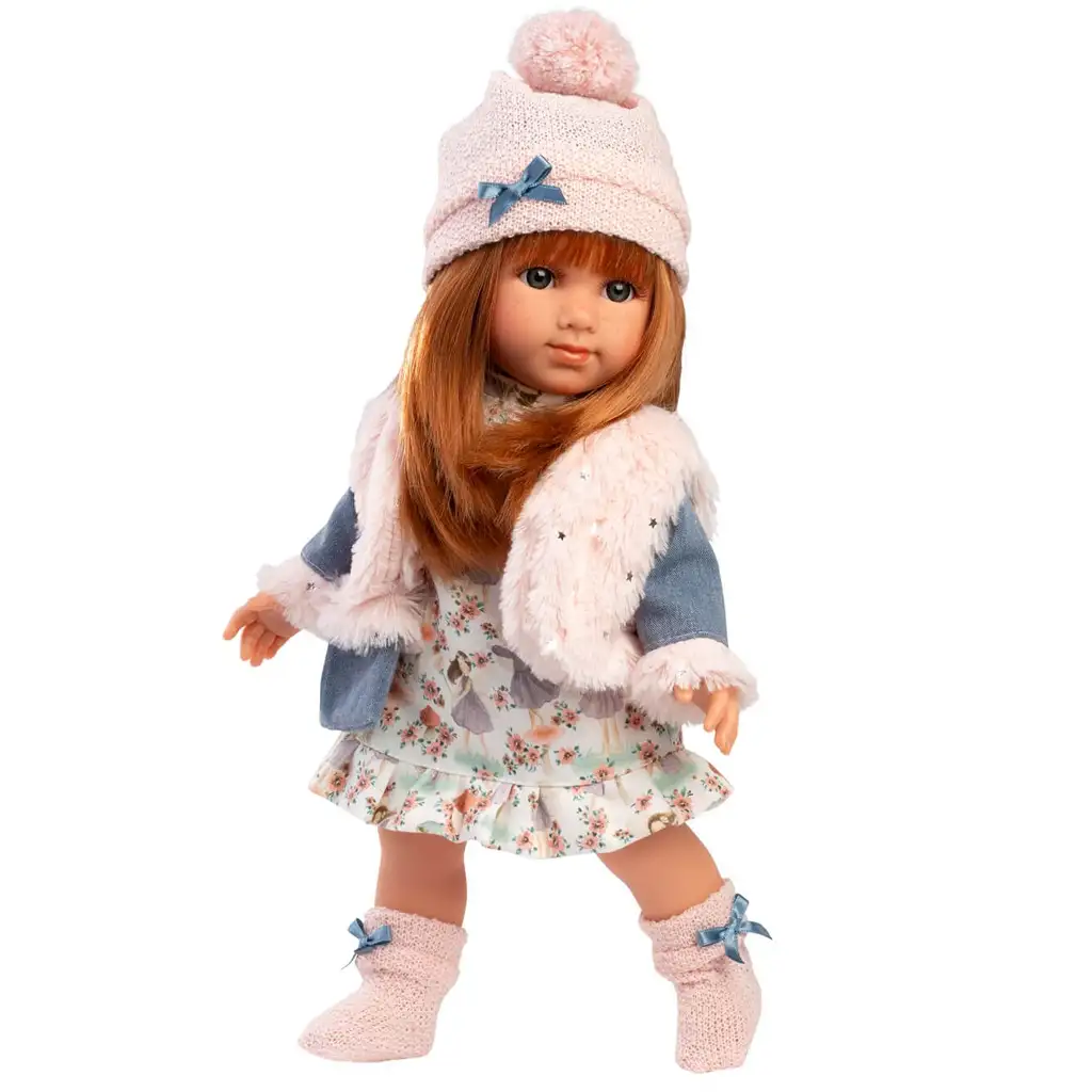 Llorens: Nicole 35cm-es vörös hajú baba rózsaszín mellényben