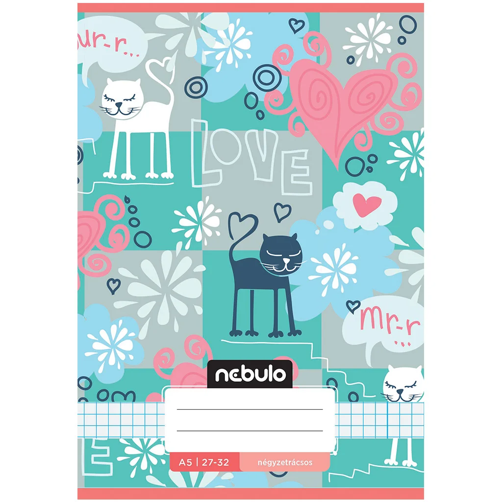 Nebulo: Tűzött mirr-murr cuki cica mintás kockás füzet 27-32 A/5