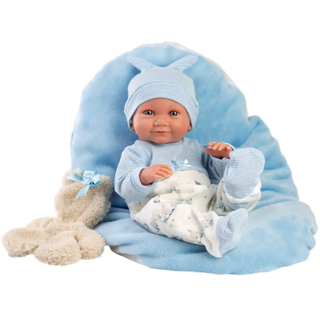 Llorens: Nico 40cm-es újszülött baba macival és kék ágyikóval