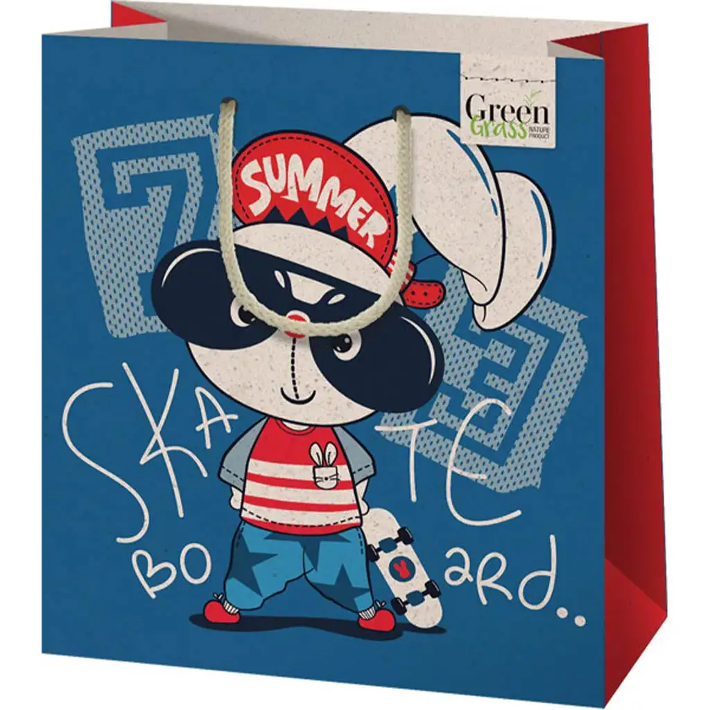 Green Grass Gördeszkázó nyuszi mintás közepes méretű ajándéktáska 18x10x23cm