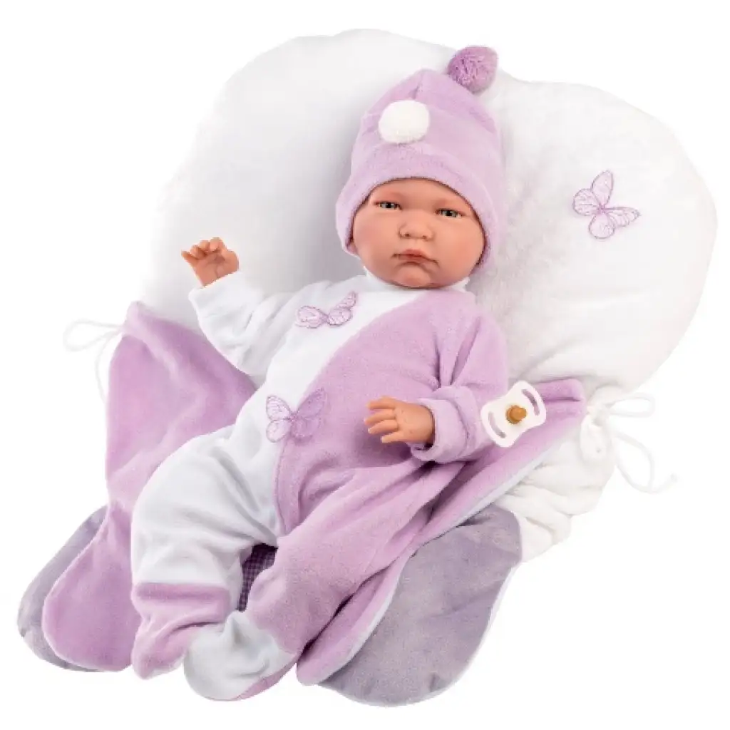 Llorens: Lalo Llorón 42cm-es síró újszülött baba pillangó formájú pólyában