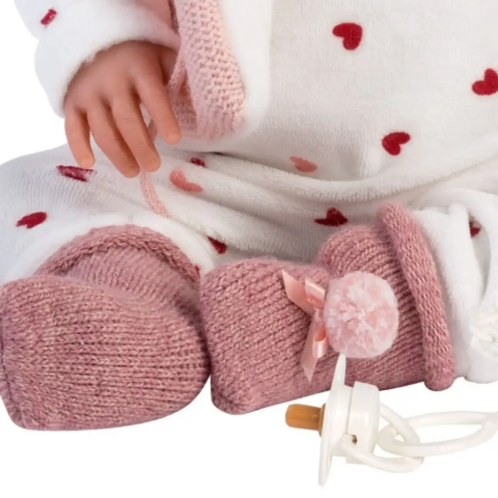 Llorens: Tina 44cm-es síró baba kapucnis rózsaszín mellényben kép 3