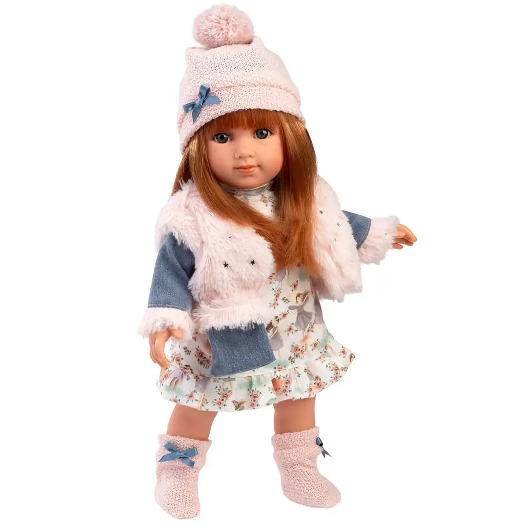 Llorens: Nicole 35cm-es vörös hajú baba rózsaszín mellényben kép 2