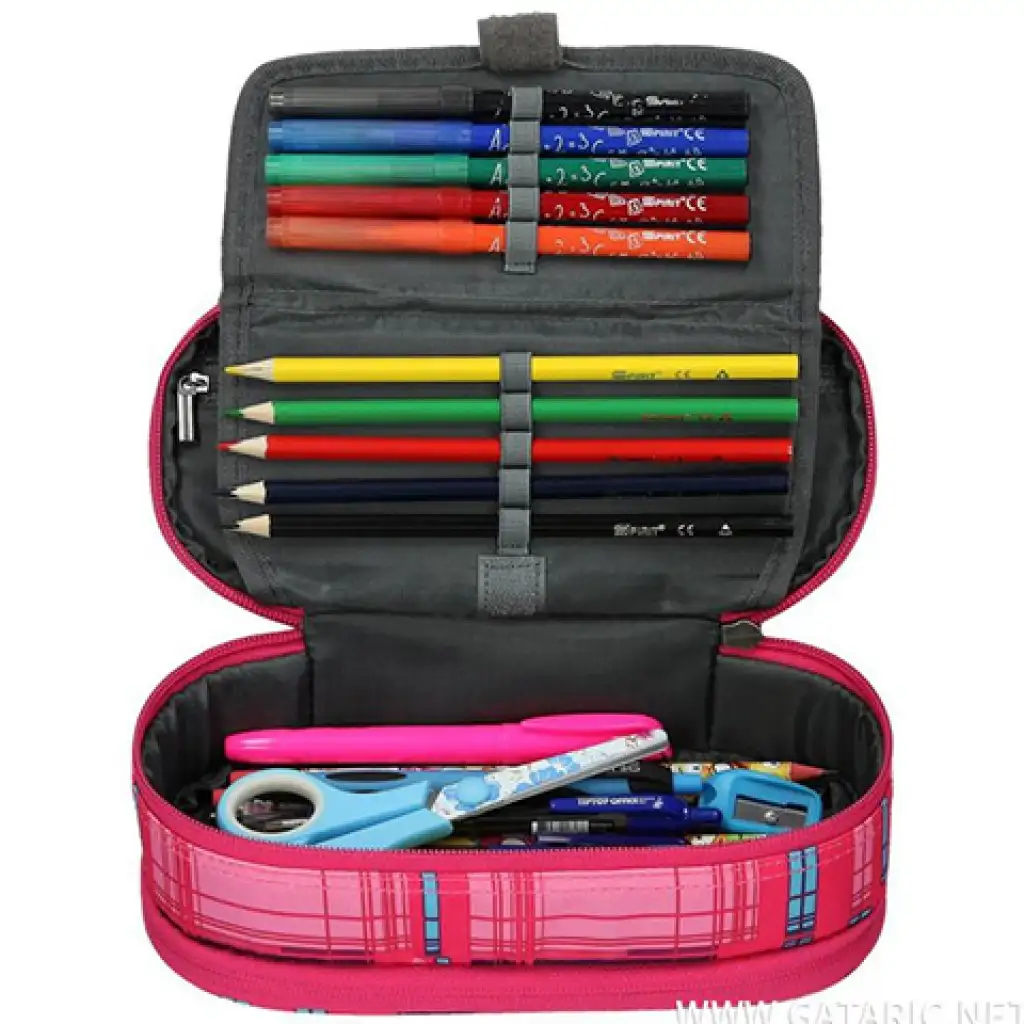 Spirit: Rózsaszín kockamintás ovális emeletes tolltartó 23x10cm kép 3