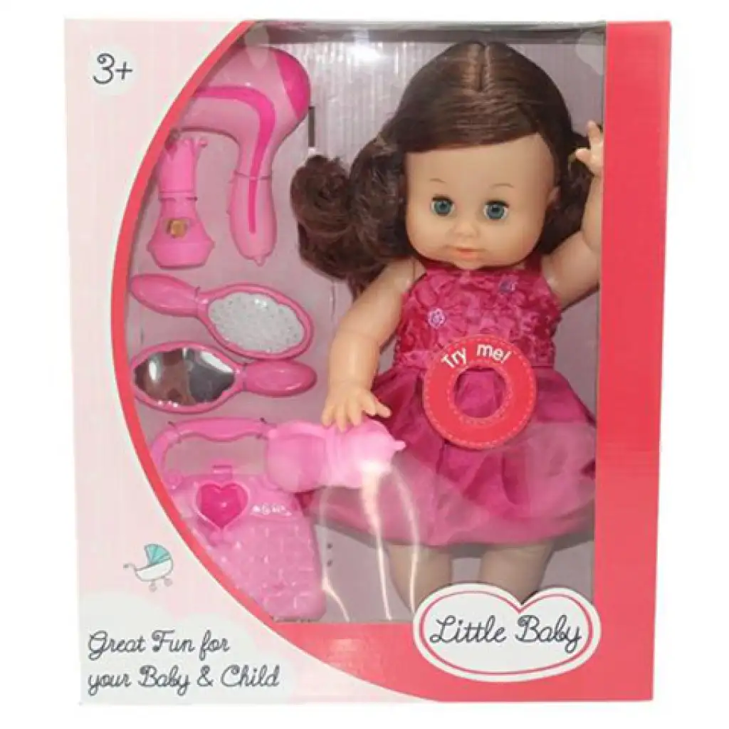 Dorina barna hajú 36cm-es pisilő baba fodrász készlettel, kiegészítőkkel és hang effektekkel kép 2