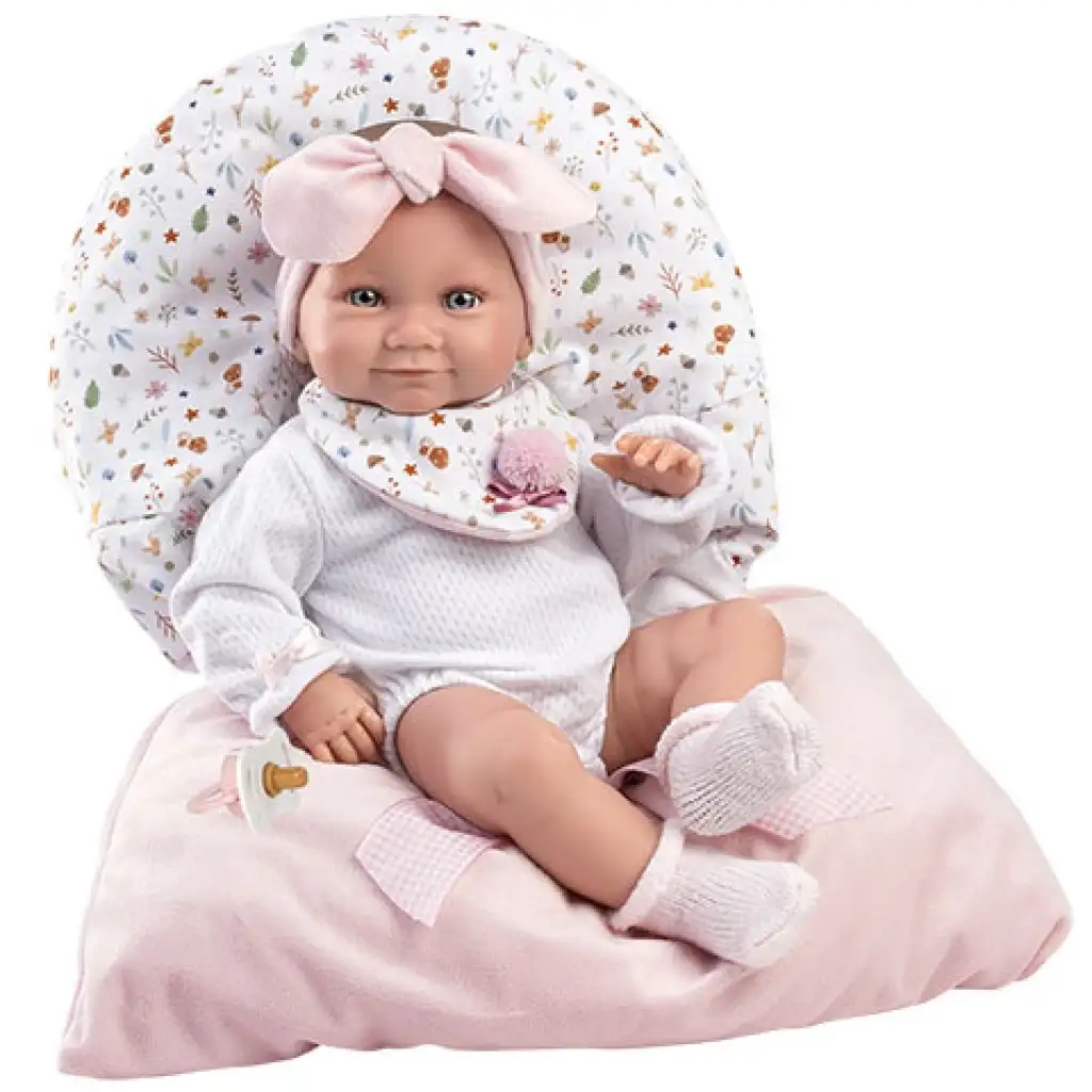 Llorens: 38cm-es újszülött lány baba rózsaszín hálózsákkal kép 3