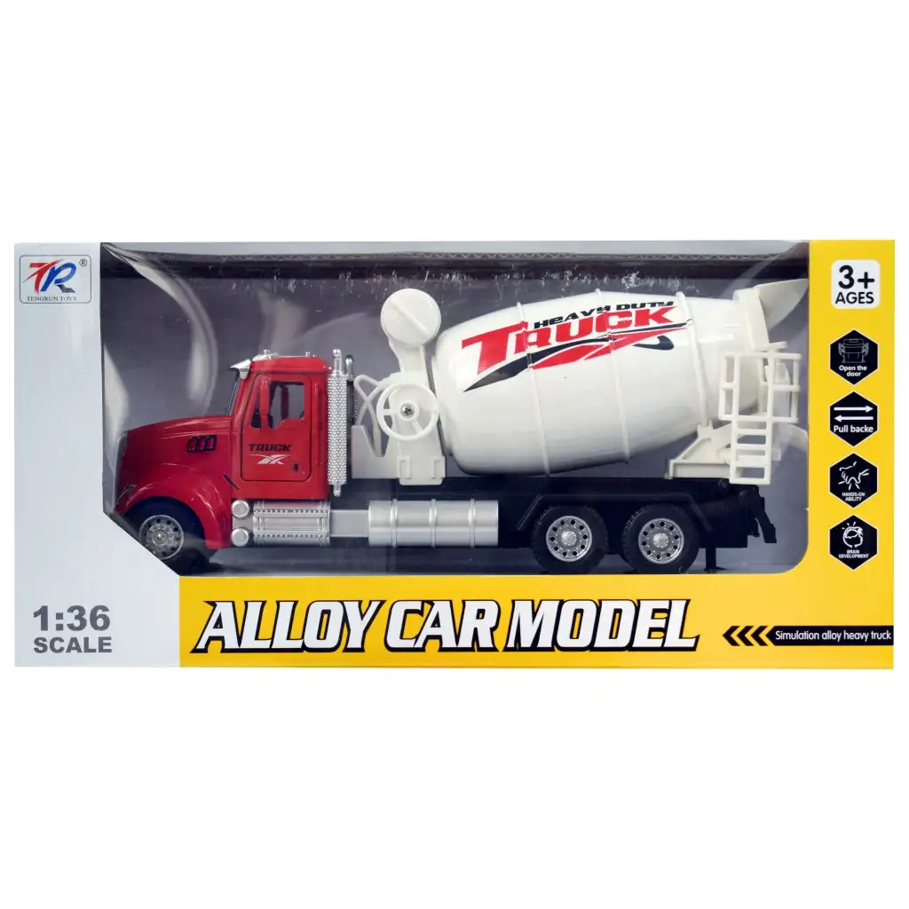 Heavy Duty Truck: Hátrahúzós fém betonkeverő mixer teherautó modell nyitható ajtókkal és forgó dobbal 1/36 kép 2