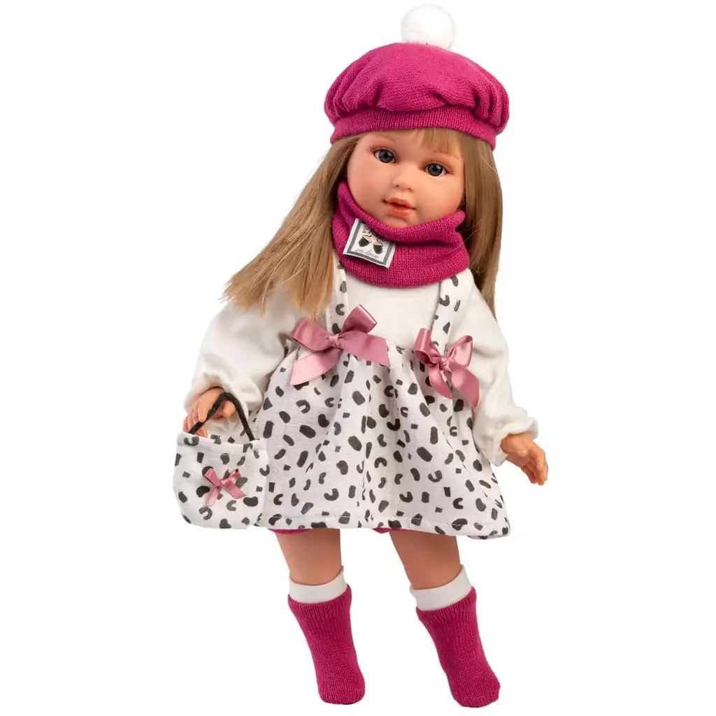 Llorens: 40cm-es Carla baba rózsaszín sapkában divatos ridiküllel kép 3