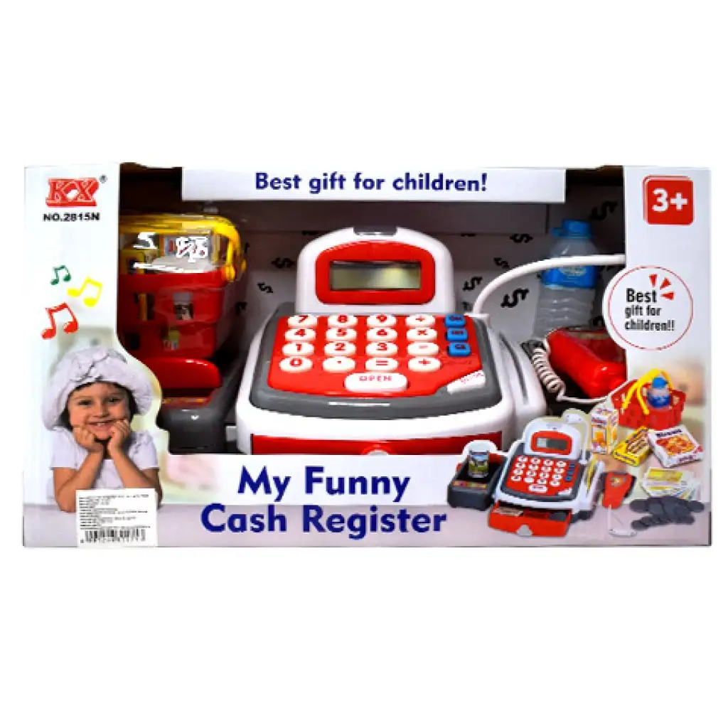 Piros funkciós elektromos pénztárgép futószalaggal, termékekkel és hanggal kép 2