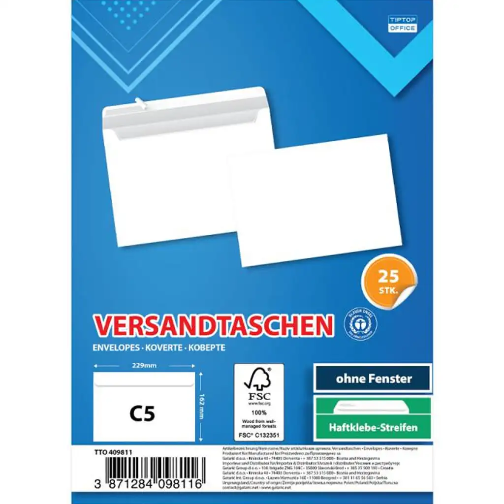 Spirit: Fehér boríték C5 22,9x16,2cm 25db-os csomag