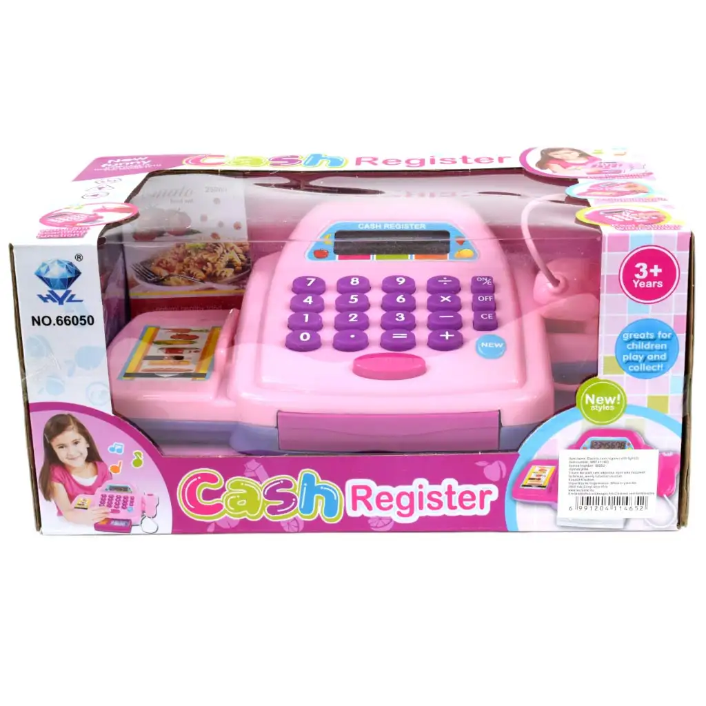 Rózsaszín elektronikus pénztárgép fénnyel és hanggal, játékpénzzel 25x14cm kép 9