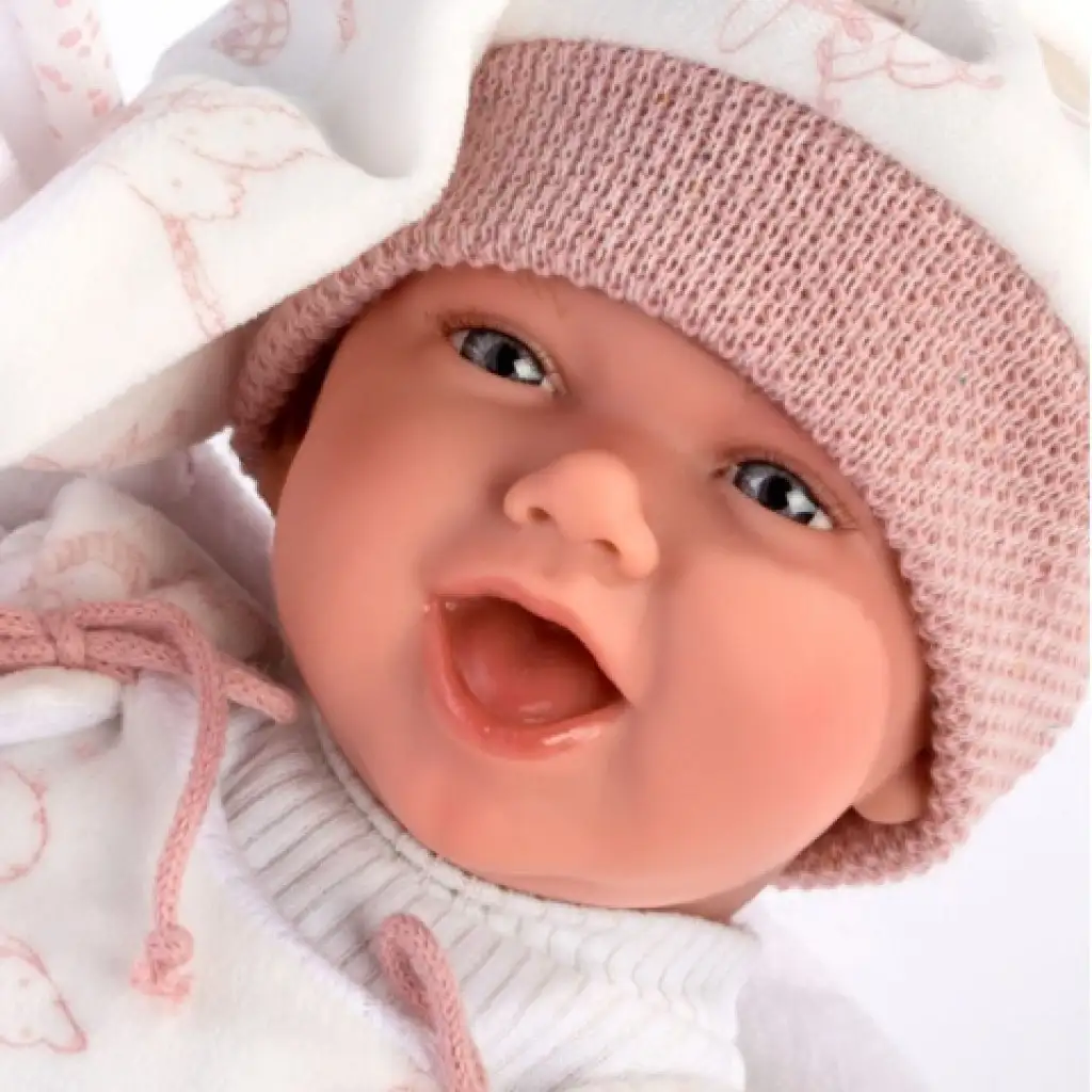 Újszülött síró baba rózsaszín hálósapkával 40cm kép 2