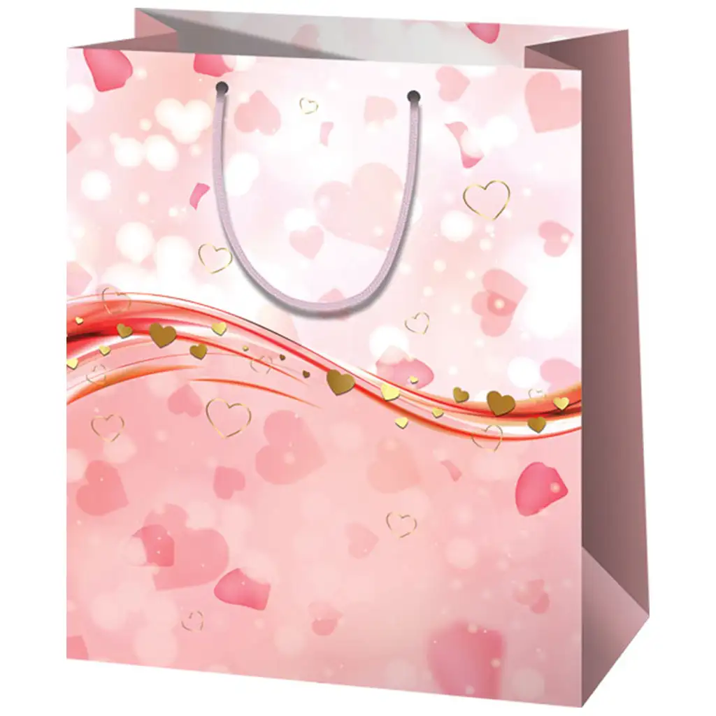 Rózsaszín szíves normál méretű exkluzív ajándéktáska 11x6x14cm
