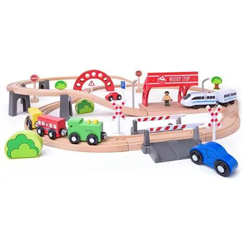 Fa vonat vasútpálya elemes mozdonnyal 60 darabos szett - Woodyland