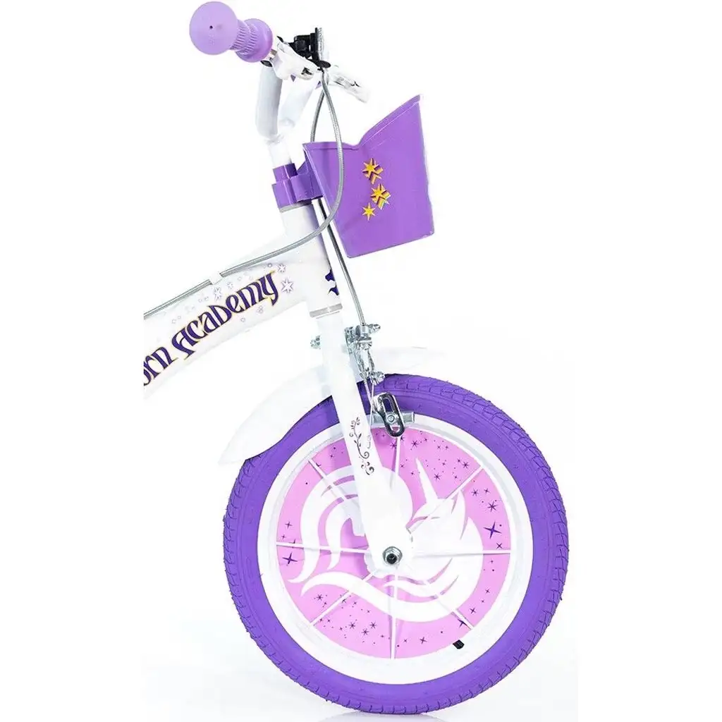 Unicorn Academy 16” gyerek bicikli kosárral és babaüléssel lila-fehér színben – Dino Bikes kerékpár kép 4