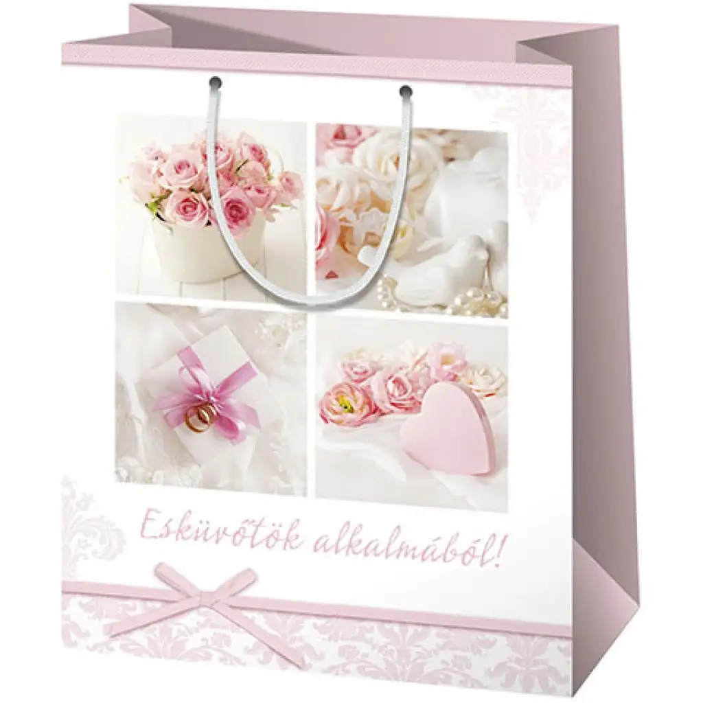 Esküvőtök alkalmából! felirattal díszített nagy méretű ajándéktáska 27x14x33cm