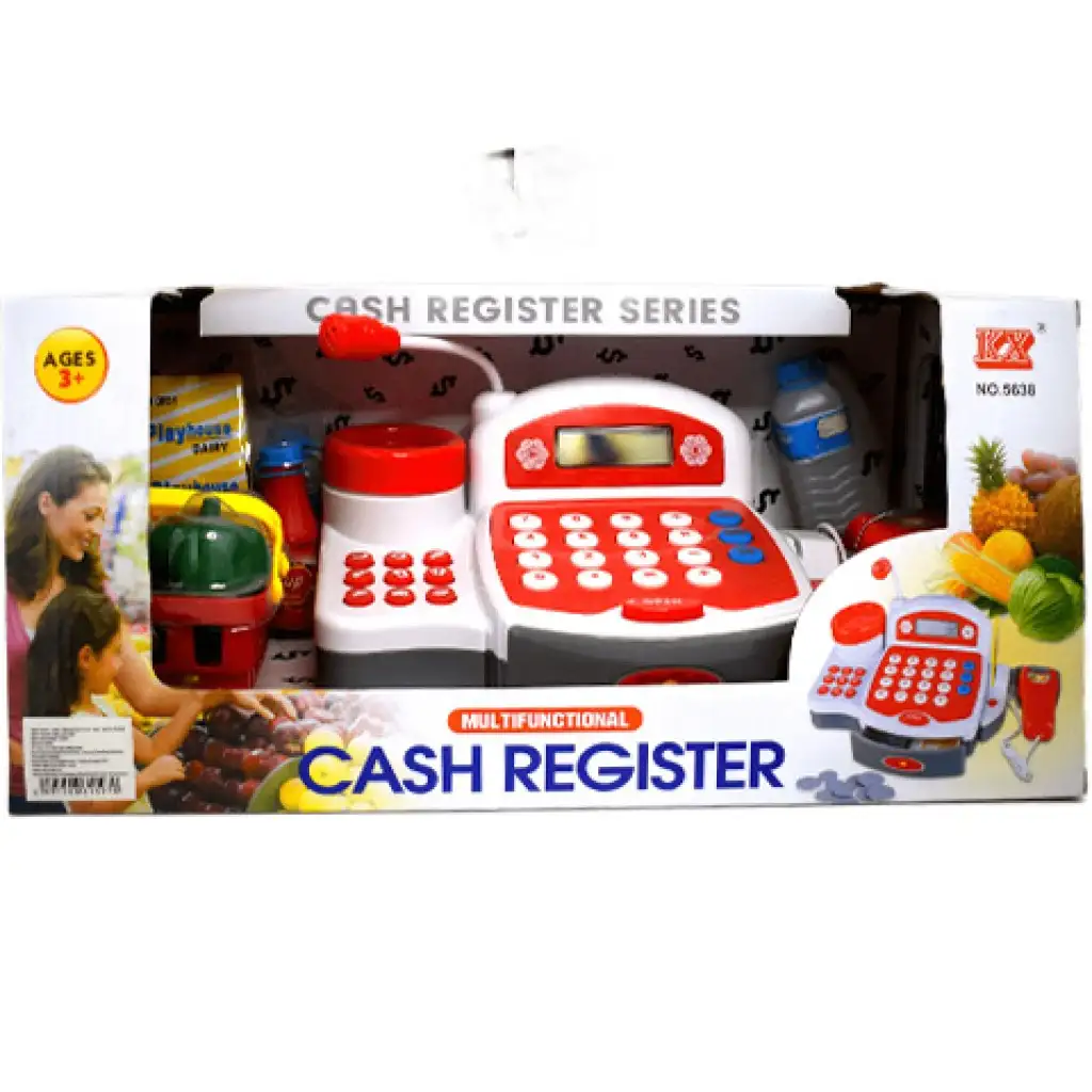 Piros funkciós elektromos pénztárgép játékpénzzel, termékekkel és hanggal