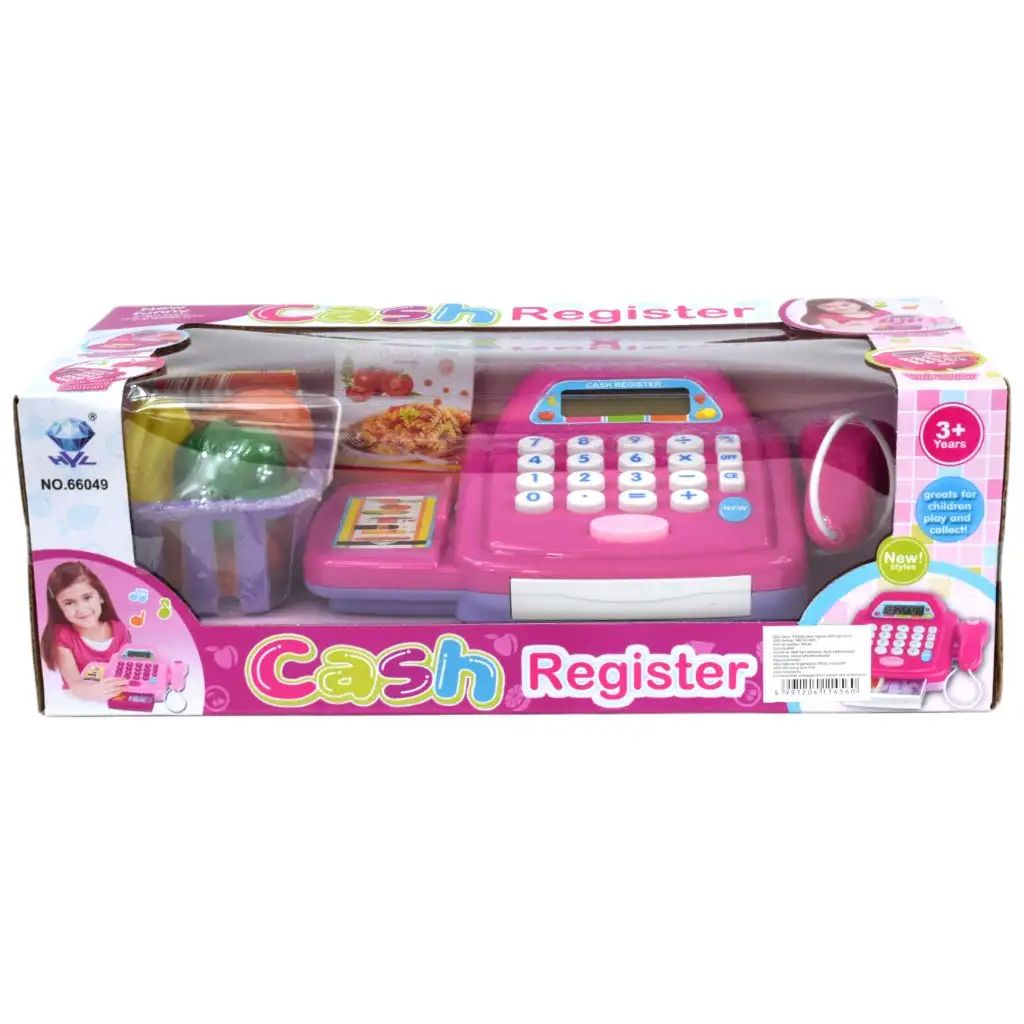 Rózsaszín pénztárgép fénnyel és hanggal, kiegészítőkkel és játékpénzzel 24cm kép 11