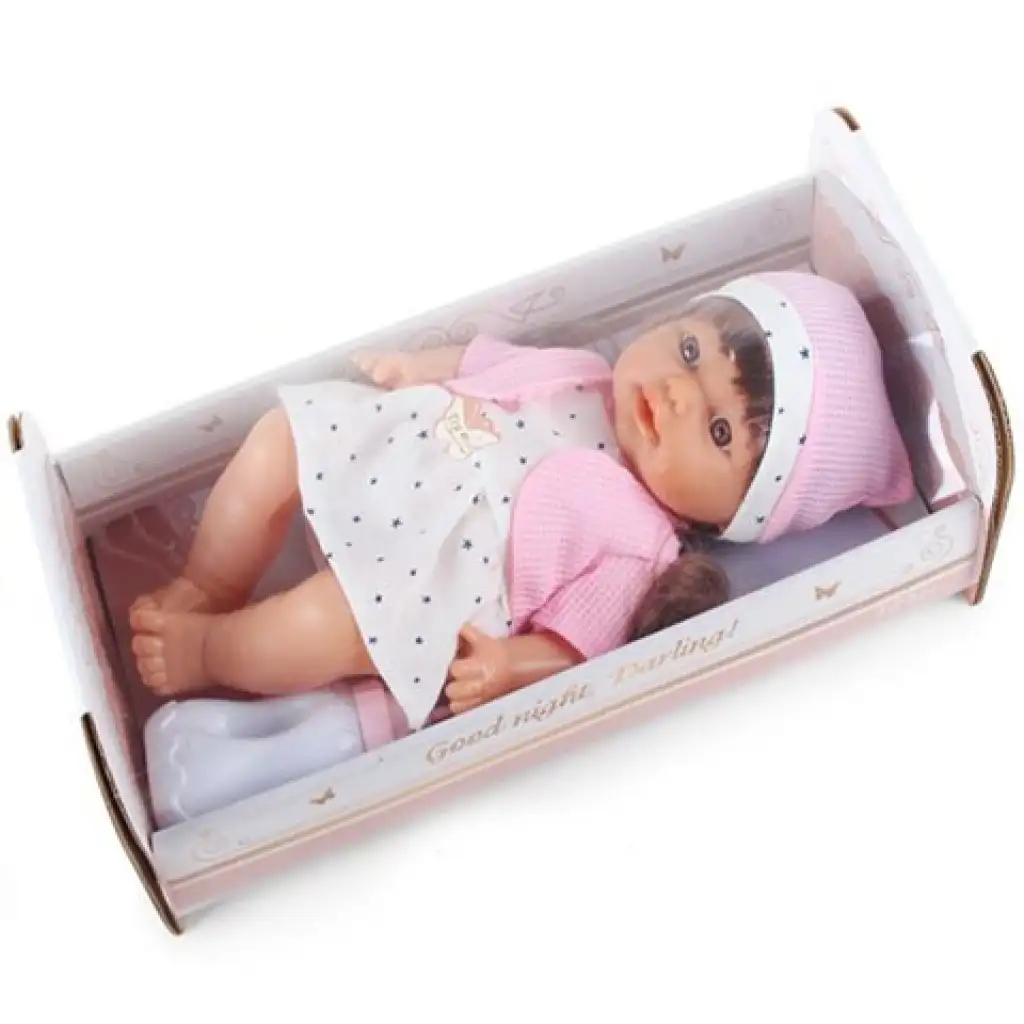 Pisilő baba csillagos ruhában hanggal és kisággyal 30cm kép 2