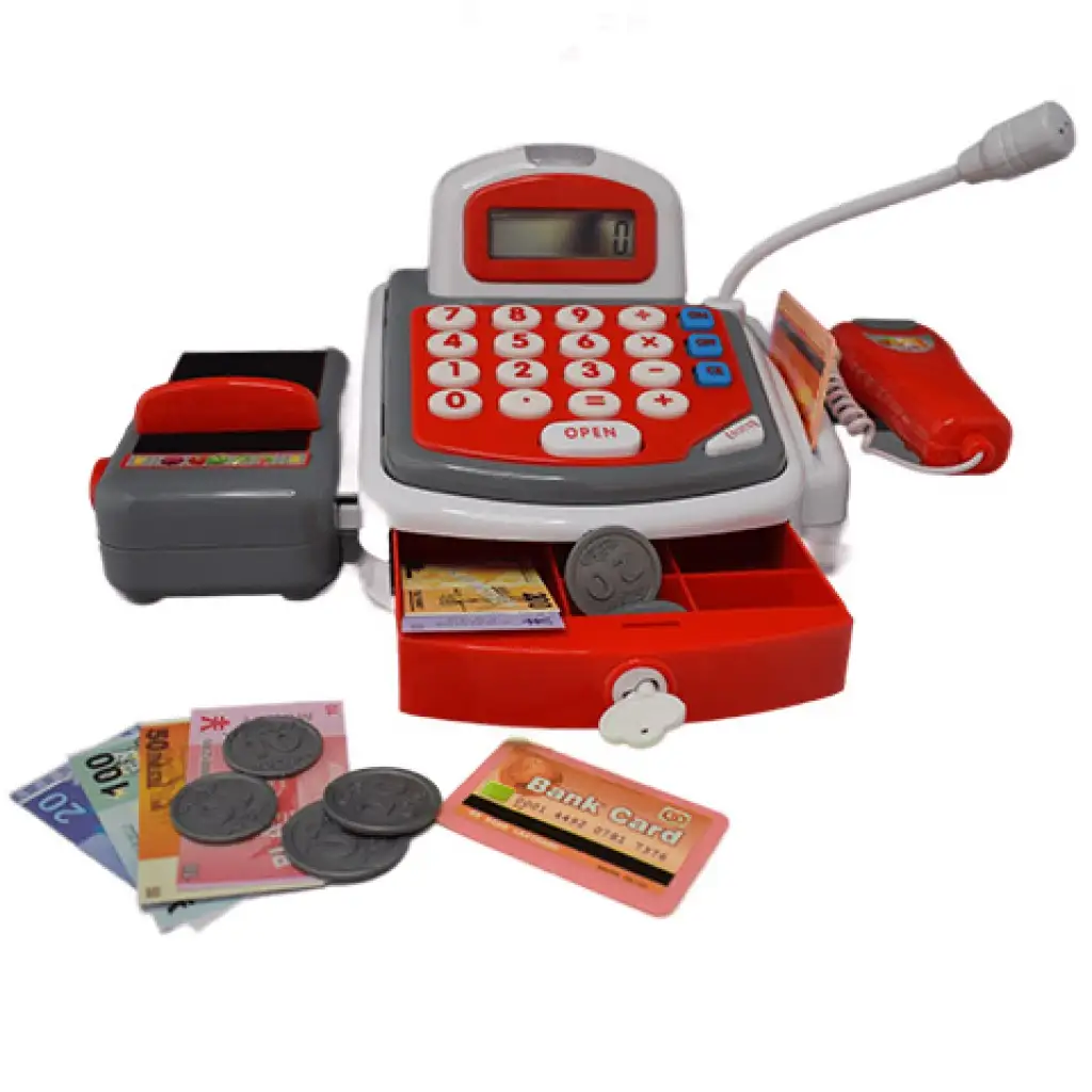 Piros funkciós elektromos pénztárgép futószalaggal, termékekkel és hanggal kép 3