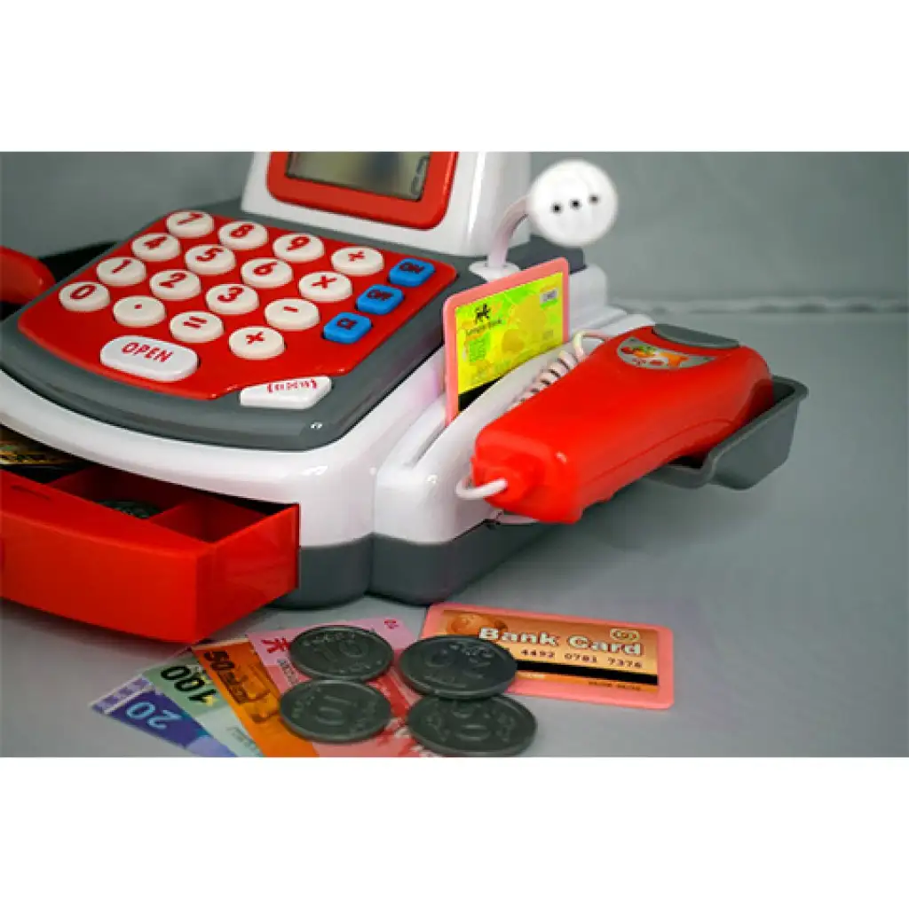 Piros funkciós elektromos pénztárgép futószalaggal, termékekkel és hanggal kép 6