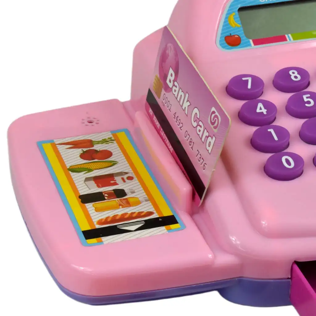 Rózsaszín elektronikus pénztárgép fénnyel és hanggal, játékpénzzel 25x14cm kép 2