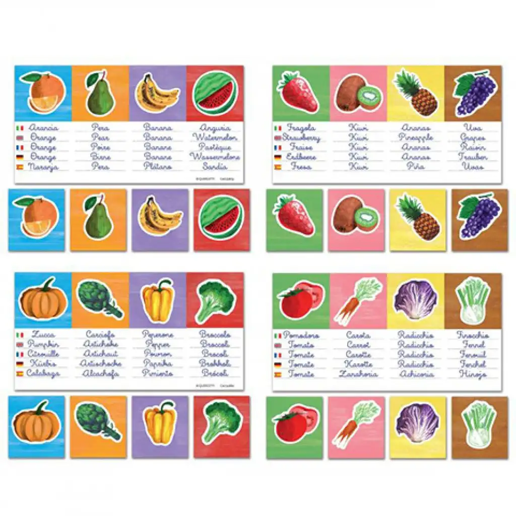 Quercetti: Montessori Zöldségek és gyümölcsök idegen nyelvű oktató játék 3db-os játékszett kép 2
